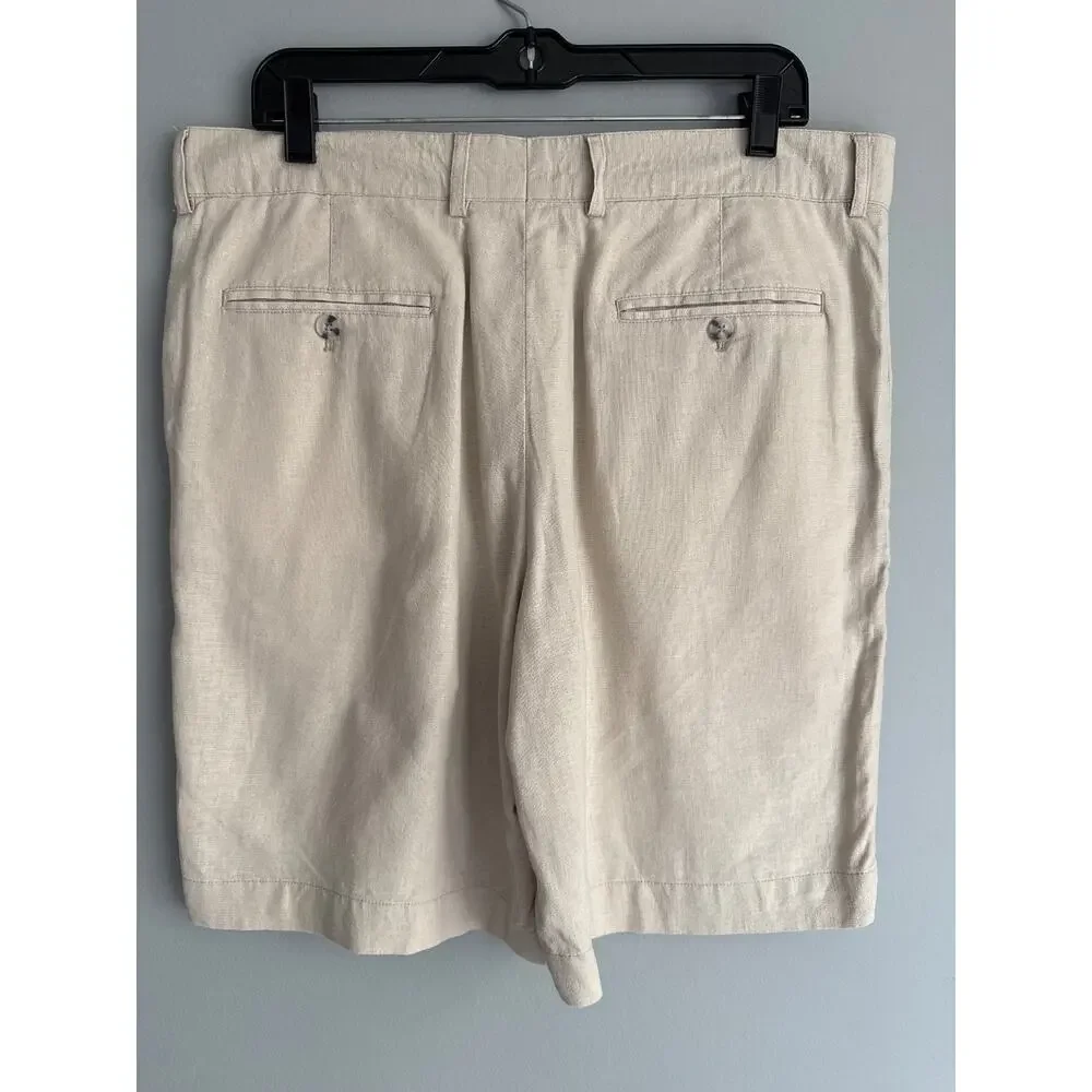 Alan Flusser Men's W36 Linen Rayon Shorts Beige Khaki Flat Front 2 Back Pockets